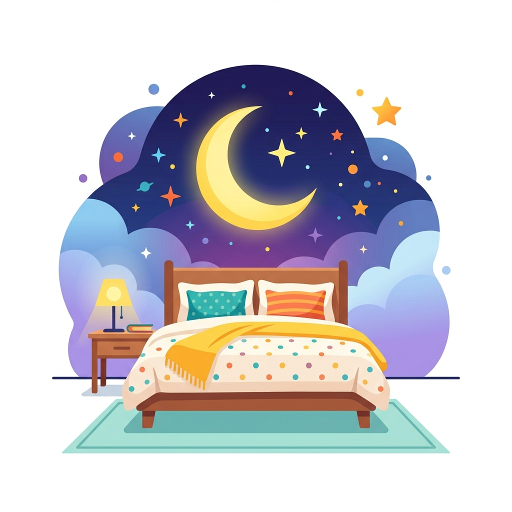 Person sleeping peacefully in a comfortable bed under starry sky